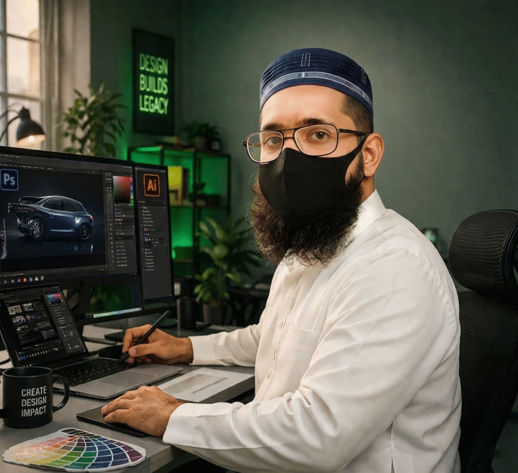 Professional graphic design course banner showing modern workspace with laptop, tablet and design tools in green theme